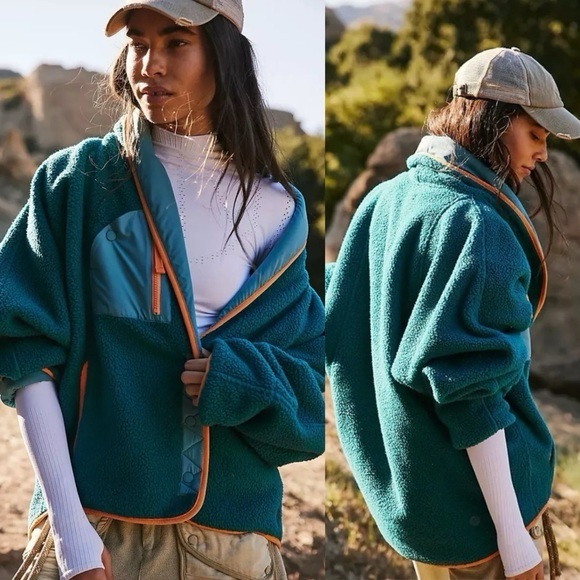 New! Free People Movement Hit The Slopes Shawl Jacket Teal Blue Orange 🧡 XS - Picture 2 of 11